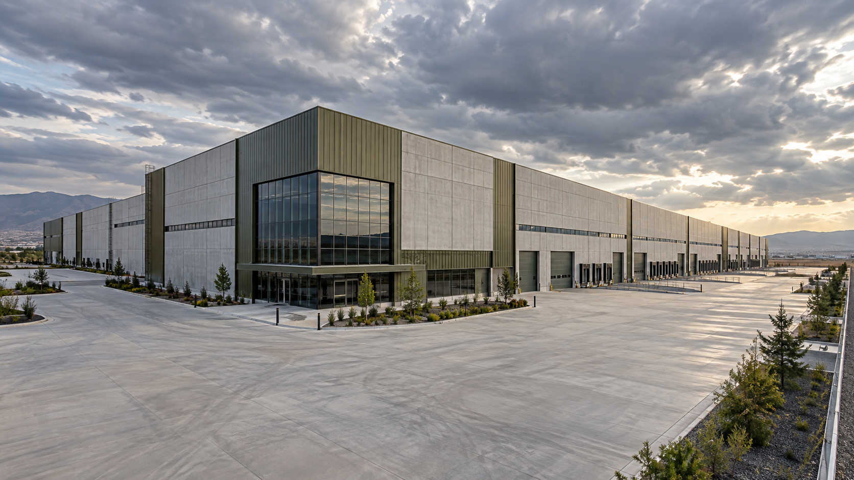 Geniş beton sahası ve çelik yapı elemanlarıyla büyük bir prefabrik fabrika; temsili tesis görseli